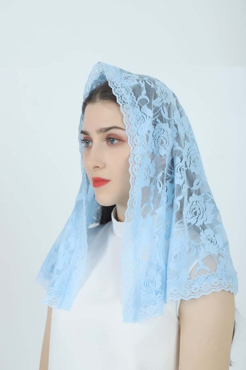 Grettytling Lace Mantilla Veil Soft and comfortable 7 Colors Spanish Style Rose Lace Veil Head Covering D Shape (Blue) - Image 2
